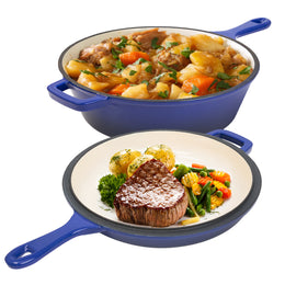 Hawsaiy Enameled Cast Iron Skillets, 2-in-1 Cast Iron Dutch Oven Pot with Lid Set, 3QT Dutch Oven + 1.5QT Skillet for Frying, Baking, Stewing, Grilling