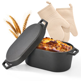 Hawsaiy 4.5QT Oval Cast Iron Dutch Oven with Skillet Lid, Plant Oil Coating, Nonstick Bread Baking Pot with Silicone & Cotton Oven Mitts, 2-in-1 Casserole for Baking, Stewing & Frying