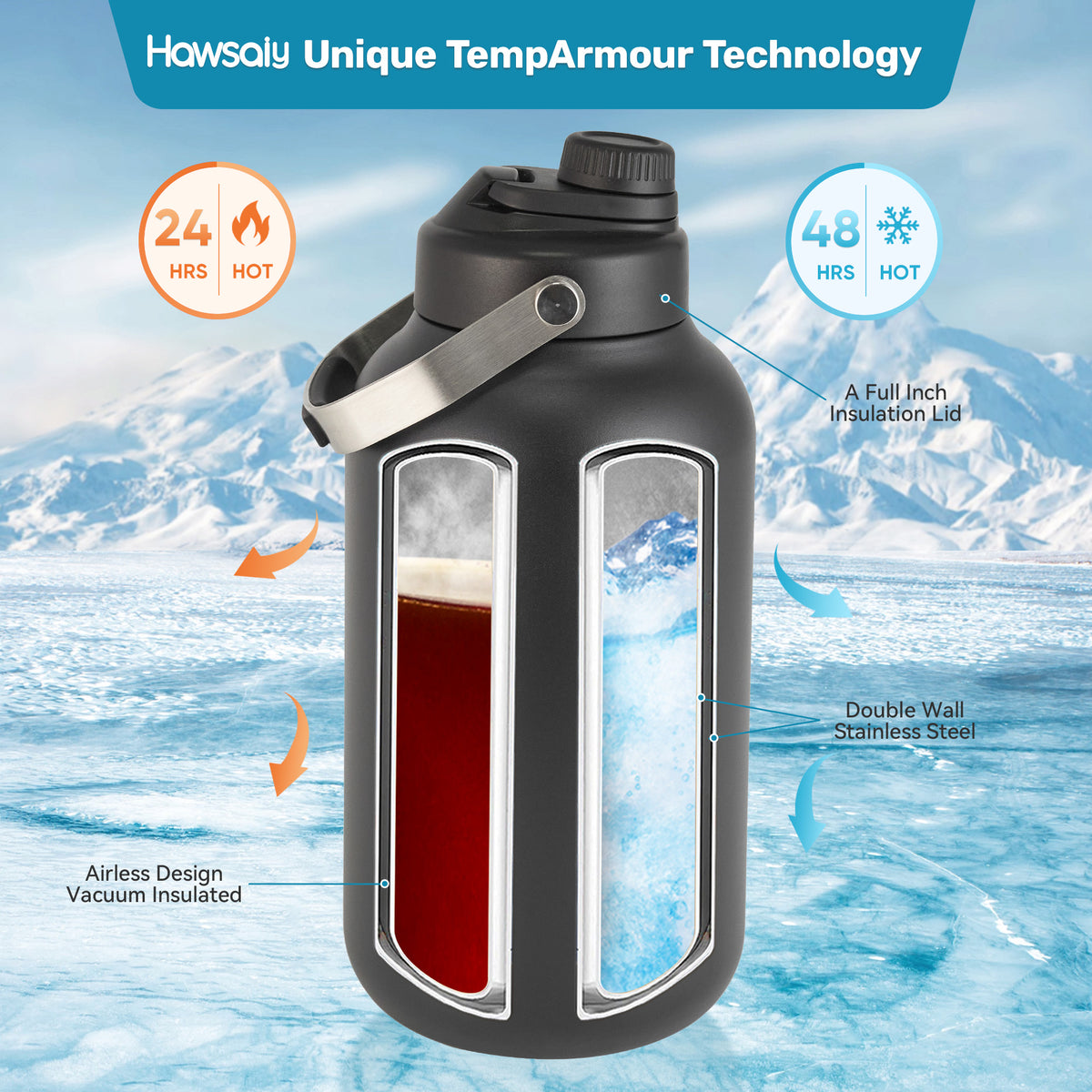 Hawsaiy 128oz Insulated Stainless Steel Water Bottle with Wide