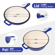 Hawsaiy Enameled Cast Iron Skillets, 2-in-1 Cast Iron Dutch Oven Pot with Lid Set, 3QT Dutch Oven + 1.5QT Skillet for Frying, Baking, Stewing, Grilling