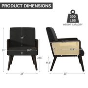 Nalupatio Rattan Accent Chair, Linen Fabric Upholstered Armchair with Wood Legs, Mid Century Modern Reading Comfy Lounge Chair with Spring Support, for Living Room Bedroom,Brown