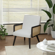 Hawsaiy Rattan Accent Chair, Linen Fabric Upholstered Armchair with Wood Legs, Mid Century Modern Reading Comfy Lounge Chair with Spring Support, for Living Room Bedroom