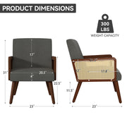 Nalupatio Rattan Accent Chair, Linen Fabric Upholstered Armchair with Wood Legs, Mid Century Modern Reading Comfy Lounge Chair with Spring Support, for Living Room Bedroom,Brown