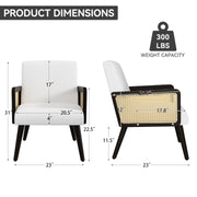 Nalupatio Rattan Accent Chair, Linen Fabric Upholstered Armchair with Wood Legs, Mid Century Modern Reading Comfy Lounge Chair with Spring Support, for Living Room Bedroom,Brown