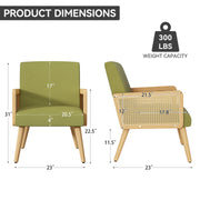 Nalupatio Rattan Accent Chair, Linen Fabric Upholstered Armchair with Wood Legs, Mid Century Modern Reading Comfy Lounge Chair with Spring Support, for Living Room Bedroom,Brown