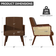 Nalupatio Rattan Accent Chair, Linen Fabric Upholstered Armchair with Wood Legs, Mid Century Modern Reading Comfy Lounge Chair with Spring Support, for Living Room Bedroom,Brown