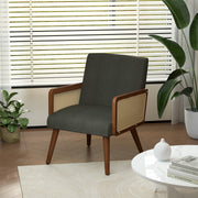 Hawsaiy Rattan Accent Chair, Linen Fabric Upholstered Armchair with Wood Legs, Mid Century Modern Reading Comfy Lounge Chair with Spring Support, for Living Room Bedroom