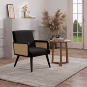 Nalupatio Rattan Accent Chair, Linen Fabric Upholstered Armchair with Wood Legs, Mid Century Modern Reading Comfy Lounge Chair with Spring Support, for Living Room Bedroom,Brown