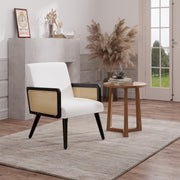 Nalupatio Rattan Accent Chair, Linen Fabric Upholstered Armchair with Wood Legs, Mid Century Modern Reading Comfy Lounge Chair with Spring Support, for Living Room Bedroom,Brown