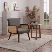 Nalupatio Rattan Accent Chair, Linen Fabric Upholstered Armchair with Wood Legs, Mid Century Modern Reading Comfy Lounge Chair with Spring Support, for Living Room Bedroom,Brown