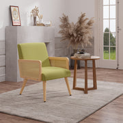 Nalupatio Rattan Accent Chair, Linen Fabric Upholstered Armchair with Wood Legs, Mid Century Modern Reading Comfy Lounge Chair with Spring Support, for Living Room Bedroom,Brown