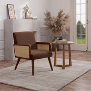 Nalupatio Rattan Accent Chair, Linen Fabric Upholstered Armchair with Wood Legs, Mid Century Modern Reading Comfy Lounge Chair with Spring Support, for Living Room Bedroom,Brown