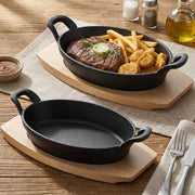 Hawsaiy 2/4 Pcs Cast Iron Grill Pan with Wooden Tray, Oval Sizzling Plate with Binaural Handles, Non-Stick & Heat Resistant Skillet for Steak, Fish & Vegetables