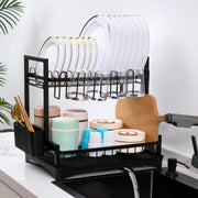 Kerilyn Dish Drying Rack, 2-Tier Land Stainless Steel Kitchen Organizer with Drain Board & Utensil Holders，Removable & Multifunctional Large Capacity Storage Rack for Kitchen Counter, Midnight