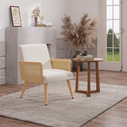 Nalupatio Rattan Accent Chair, Linen Fabric Upholstered Armchair with Wood Legs, Mid Century Modern Reading Comfy Lounge Chair with Spring Support, for Living Room Bedroom,Brown