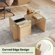 Hawsaiy Modern Glass Coffee Table with Wooden Base, Stylish End Table for Living Room & Office, Natural(23.6
