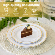 Hawsaiy 100/200PCS Disposable Plastic Plates Set, White Plates with Gold Rim, 7 Inch & 10 Inch Party Dinner Plates, BPA Free, Food Grade, Heavy Duty, Reusable