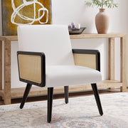 Nalupatio Rattan Accent Chair, Linen Fabric Upholstered Armchair with Wood Legs, Mid Century Modern Reading Comfy Lounge Chair with Spring Support, for Living Room Bedroom,Brown