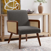 Nalupatio Rattan Accent Chair, Linen Fabric Upholstered Armchair with Wood Legs, Mid Century Modern Reading Comfy Lounge Chair with Spring Support, for Living Room Bedroom,Brown