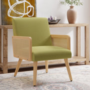 Nalupatio Rattan Accent Chair, Linen Fabric Upholstered Armchair with Wood Legs, Mid Century Modern Reading Comfy Lounge Chair with Spring Support, for Living Room Bedroom,Brown