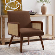 Nalupatio Rattan Accent Chair, Linen Fabric Upholstered Armchair with Wood Legs, Mid Century Modern Reading Comfy Lounge Chair with Spring Support, for Living Room Bedroom,Brown
