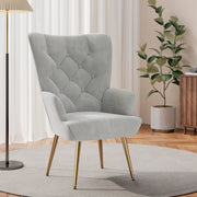 Nalupatio Mid Century Modern Velvet Accent Chair, Tufted Button Wingback Chair, Upholstered Armchair with Metal Legs, High Back Side Chair for Living Room Bedroom, Grey