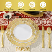 Hawsaiy 350PCS Gold Embossed Disposable Dinnerware Set, Plastic Plates & Cups with Napkins & Cutlery, BPA Free, Reusable Party Tableware for Wedding, Birthday, Holiday