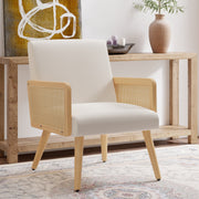 Nalupatio Rattan Accent Chair, Linen Fabric Upholstered Armchair with Wood Legs, Mid Century Modern Reading Comfy Lounge Chair with Spring Support, for Living Room Bedroom,Brown