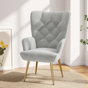 Nalupatio Mid Century Modern Velvet Accent Chair, Tufted Button Wingback Chair, Upholstered Armchair with Metal Legs, High Back Side Chair for Living Room Bedroom, Grey