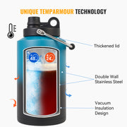 Insulated Gallon Jug with Handle, One Gallon, 128oz Stainless Steel, Large Double Vacuum Water Bottle for Hot & Cold Drinks, Wide Mouth, Sweat Proof, Great for Travel, Camping