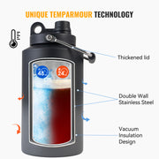 Insulated Gallon Jug with Handle, One Gallon, 128oz Stainless Steel, Large Double Vacuum Water Bottle for Hot & Cold Drinks, Wide Mouth, Sweat Proof, Great for Travel, Camping