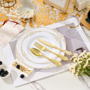 Hawsaiy 350PCS Gold Disposable Dinnerware Set for 50 Guests, Lace Design Plastic Plate Sets, Gold Silverware, Cups & Napkins – Party Supplies for Weddings, Birthdays, Holidays