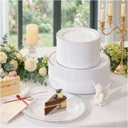 Hawsaiy 100/200PCS Disposable Plastic Plates Set, White Plates with Gold Rim, 7 Inch & 10 Inch Party Dinner Plates, BPA Free, Food Grade, Heavy Duty, Reusable