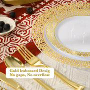 Hawsaiy 350PCS Gold Embossed Disposable Dinnerware Set, Plastic Plates & Cups with Napkins & Cutlery, BPA Free, Reusable Party Tableware for Wedding, Birthday, Holiday