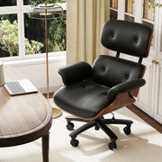 Hawsaiy Genuine Leather Office Chair with Solid Wood, Eames Style Swivel Ergonomic Desk Chair with Silent Wheels，Black