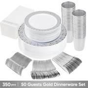 Hawsaiy 350PCS Gold Embossed Disposable Dinnerware Set, Plastic Plates & Cups with Napkins & Cutlery, BPA Free, Reusable Party Tableware for Wedding, Birthday, Holiday