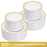 Hawsaiy 100/200PCS Disposable Plastic Plates Set, White Plates with Gold Rim, 7 Inch & 10 Inch Party Dinner Plates, BPA Free, Food Grade, Heavy Duty, Reusable