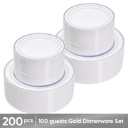 Hawsaiy 100/200PCS Disposable Plastic Plates Set, White Plates with Gold Rim, 7 Inch & 10 Inch Party Dinner Plates, BPA Free, Food Grade, Heavy Duty, Reusable