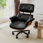 Hawsaiy Genuine Leather Office Chair with Solid Wood, Eames Style Swivel Ergonomic Desk Chair with Silent Wheels，Black