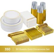 Kerilyn 350 Pieces Gold Disposable Plates for 50 Guests, Disposable Plastic Plates for Party, Wedding, Dinnerware Set of 50 Dinner Plates, 50 Salad Plates,50 Cups and 50 Paper Napkins, Gold