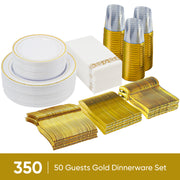 Kerilyn 350 Pieces Gold Disposable Plates for 50 Guests, Disposable Plastic Plates for Party, Wedding, Dinnerware Set of 50 Dinner Plates, 50 Salad Plates,50 Cups and 50 Paper Napkins, Gold