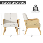 Nalupatio Rattan Accent Chair, Linen Fabric Upholstered Armchair with Wood Legs, Mid Century Modern Reading Comfy Lounge Chair with Spring Support, for Living Room Bedroom,Brown