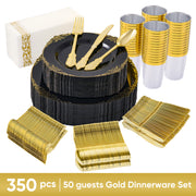 Hawsaiy 350PCS Gold Disposable Dinnerware Set for 50 Guests, Lace Design Plastic Plate Sets, Gold Silverware, Cups & Napkins – Party Supplies for Weddings, Birthdays, Holidays