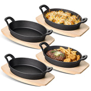 Hawsaiy 2/4 Pcs Cast Iron Grill Pan with Wooden Tray, Oval Sizzling Plate with Binaural Handles, Non-Stick & Heat Resistant Skillet for Steak, Fish & Vegetables