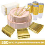 Hawsaiy 350PCS Gold Disposable Dinnerware Set for 50 Guests, Lace Design Plastic Plate Sets, Gold Silverware, Cups & Napkins – Party Supplies for Weddings, Birthdays, Holidays