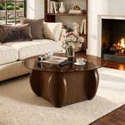 Hawsaiy Round Glass Coffee Table with Tempered Glass Top and Wood Base, Modern 30