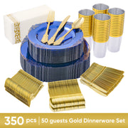 Hawsaiy 350PCS Gold Disposable Dinnerware Set for 50 Guests, Lace Design Plastic Plate Sets, Gold Silverware, Cups & Napkins – Party Supplies for Weddings, Birthdays, Holidays