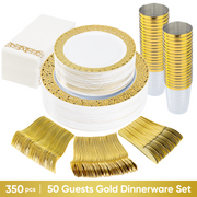 Hawsaiy 350PCS Gold Embossed Disposable Dinnerware Set, Plastic Plates & Cups with Napkins & Cutlery, BPA Free, Reusable Party Tableware for Wedding, Birthday, Holiday