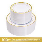 Hawsaiy 100/200PCS Disposable Plastic Plates Set, White Plates with Gold Rim, 7 Inch & 10 Inch Party Dinner Plates, BPA Free, Food Grade, Heavy Duty, Reusable