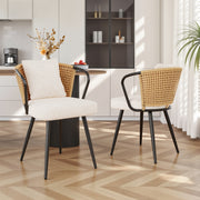 Hawsaiy Rattan Dining Chairs Set of 2, Upholstered Cane Back Kitchen Chairs with Metal Legs & Throw Pillow, Mid Century Modern Farmhouse Dining Room Chairs